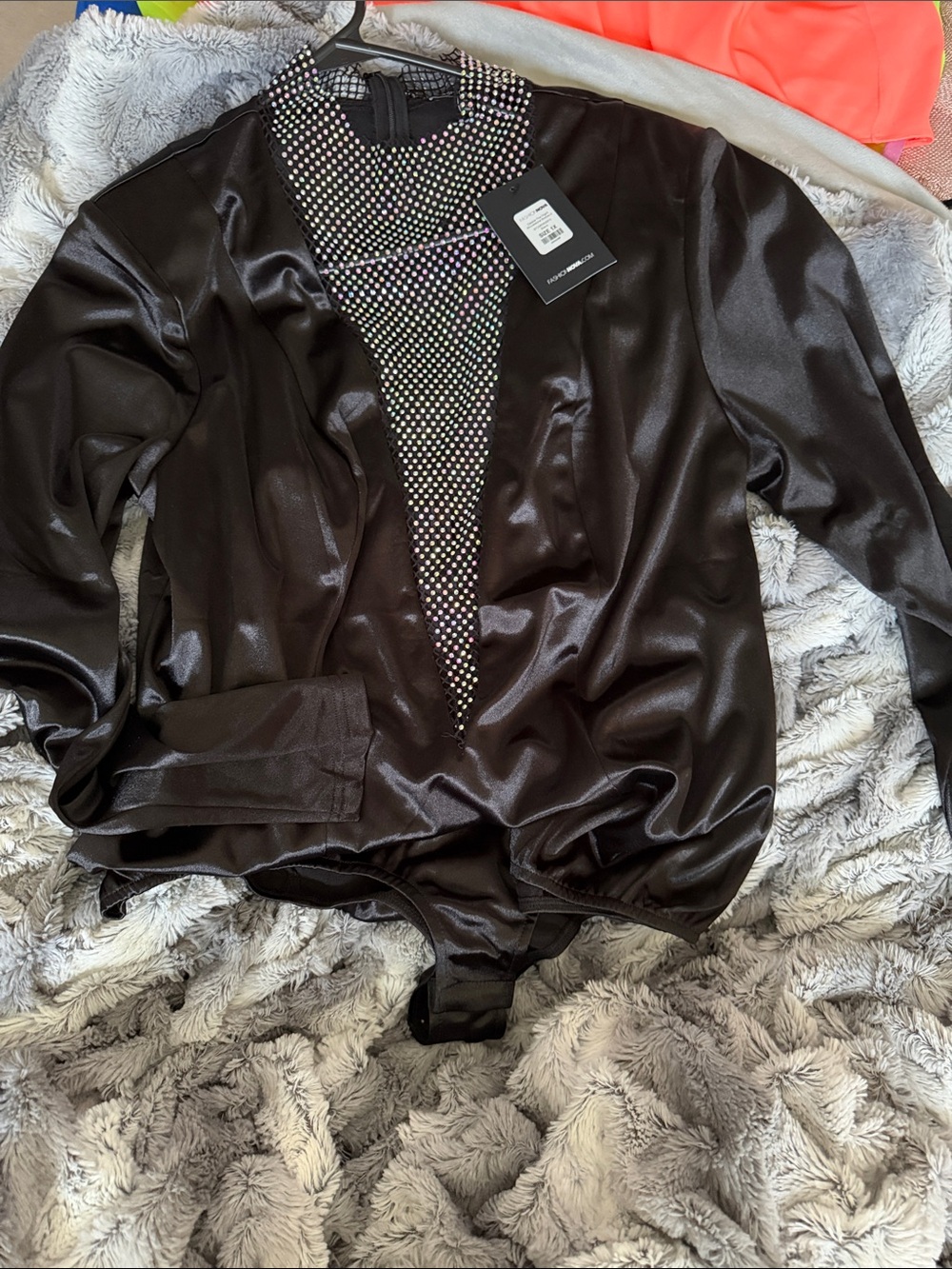 Fashion Nova Black Satin Bodysuit with Iridescent Rhinestones